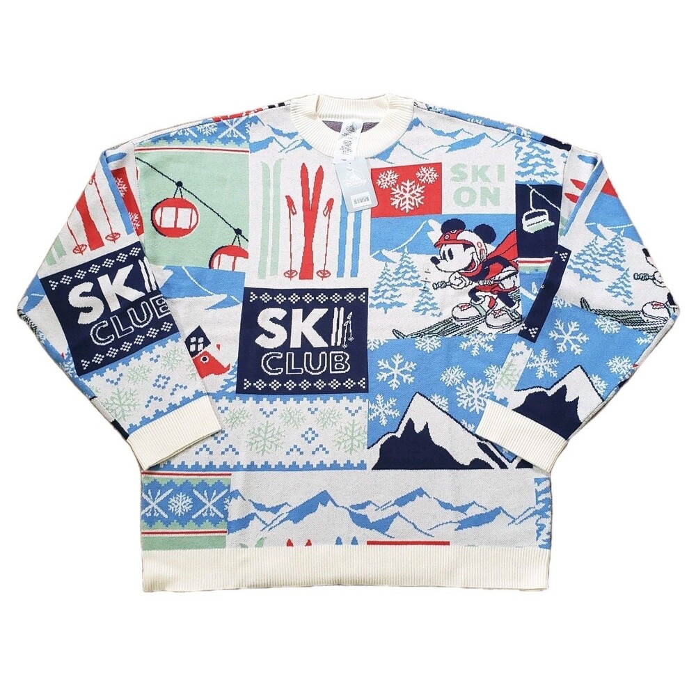 NWT Disney Mickey Ski Club Size Large Mens RELAXED Fit Patchwork Sweater Snow